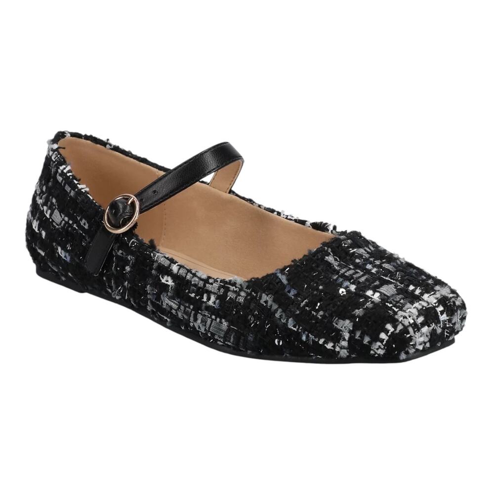 Journee Women's Carrie Square Toe Mary Jane Flats Black Tweed Size 10